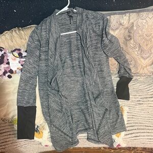 Gray Open-Front Draped Women's Sweater with Black Cuffs